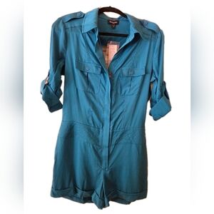 bebe Utility Romper, Collared, Pockets, Zip Close, TEAL, Size S NWT